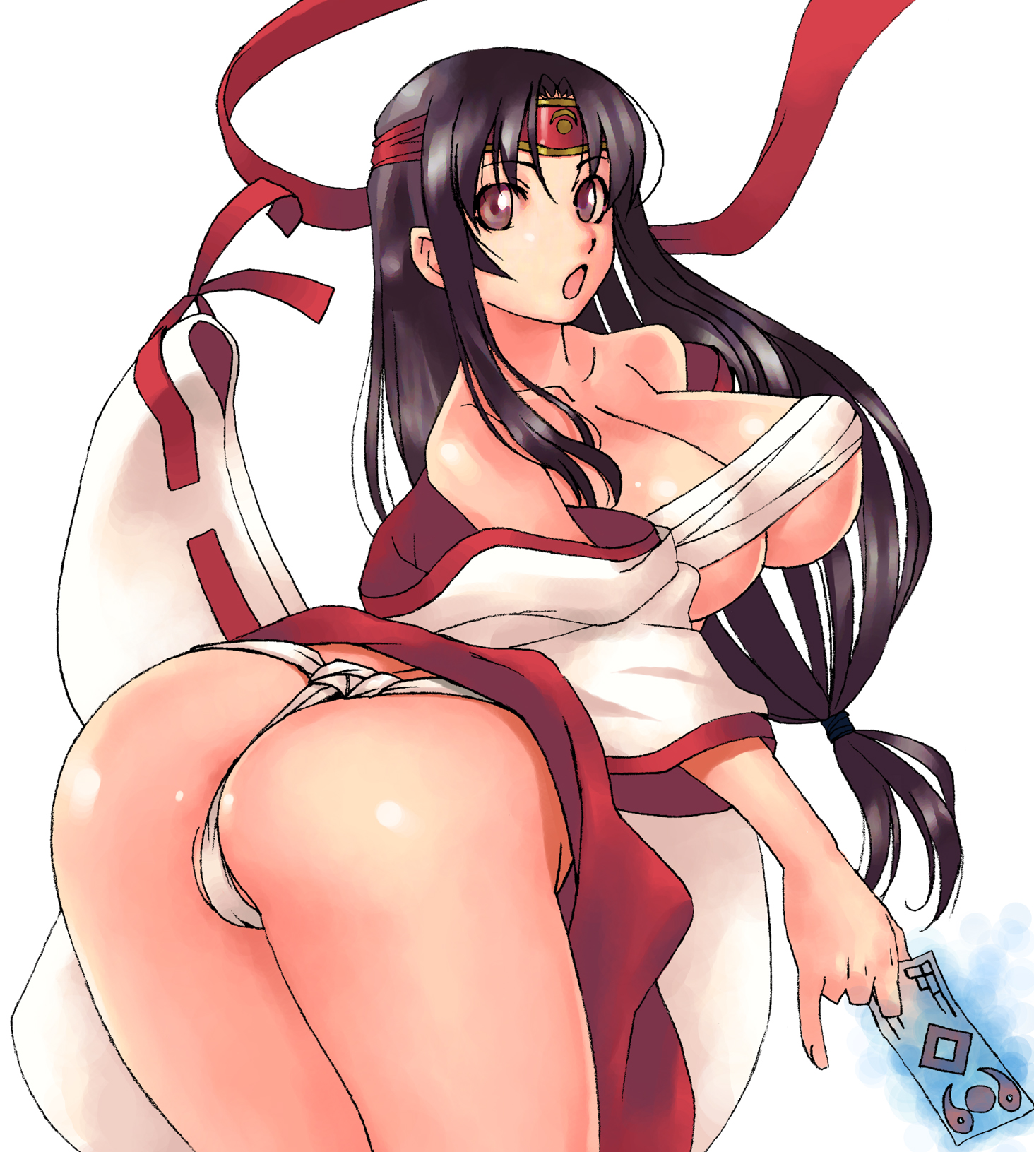 nakamura yukitoshi, musha miko tomoe, tomoe (queen's blade), queen's blade, bad id, bad pixiv id, highres, 00s, 1girl, arched back, ass, astro works, bad anatomy, bandages, bent over, black hair, breasts, cleavage, female focus, fundoshi, hair ribbon, hakama, hakama skirt, headband, huge breasts, japanese clothes, long hair, low-tied long hair, miko, ofuda, open mouth, red hakama, revealing clothes, ribbon, ribbon-trimmed sleeves, ribbon trim, sarashi, skirt, solo, thighs