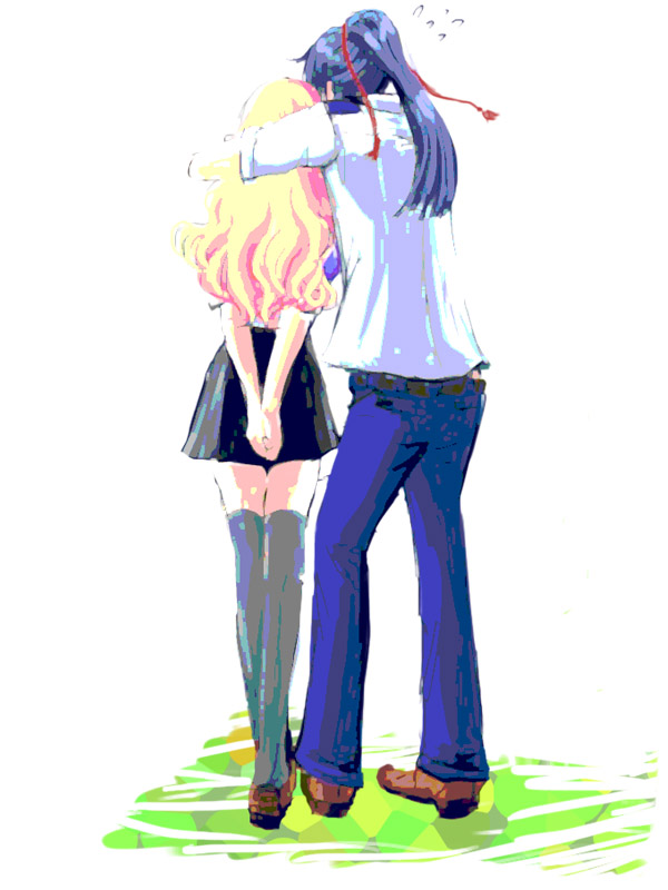 miyabi h46, saotome alto, sheryl nome, macross, macross frontier, 00s, 1boy, 1girl, blonde hair, long hair, thighhighs