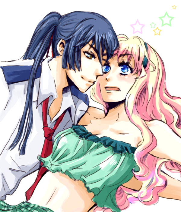 miyabi h46, saotome alto, sheryl nome, macross, macross frontier, 00s, 1boy, 1girl, blue eyes, blush, long hair, midriff, pink hair