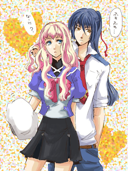 miyabi h46, saotome alto, sheryl nome, macross, macross frontier, translation request, 00s, 1boy, 1girl, blue eyes, hat, long hair, pink hair, ribbon
