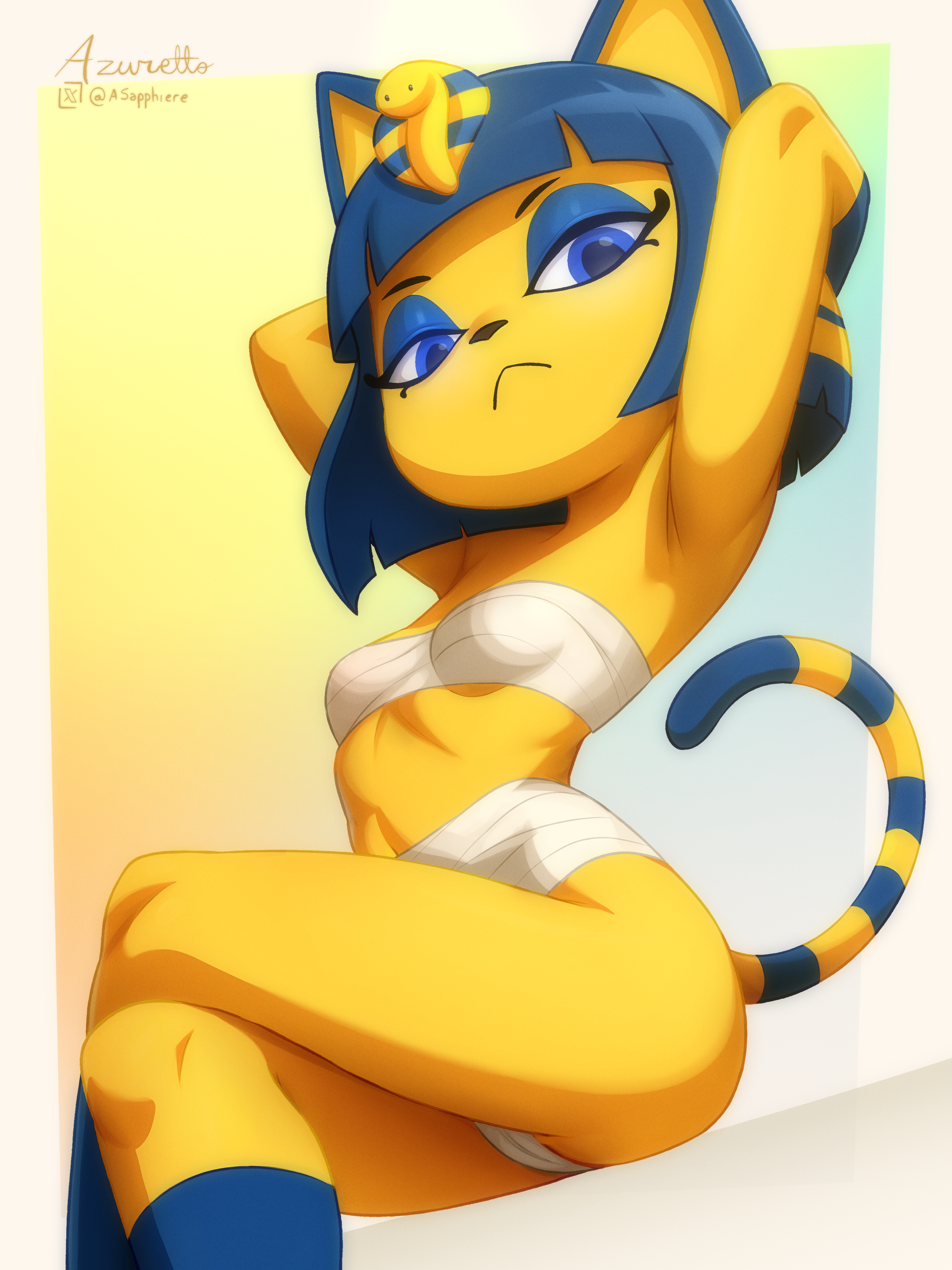 azuretto, ankha (animal crossing), animal crossing, nintendo, absurdres, highres, variant set, 1girl, armpits, arms behind head, artist name, bandages, blue background, blue eyes, blue eyeshadow, blue hair, border, breasts, cameltoe, chest sarashi, closed mouth, colored skin, crossed legs, eyelashes, eyeshadow, feet out of frame, female focus, from below, from side, gradient background, grey border, looking at viewer, looking down, looking to the side, makeup, matching hair/eyes, medium hair, sarashi, serious, shortstack, simple background, sitting, small breasts, solo, tail, two-tone background, yellow background, yellow skin