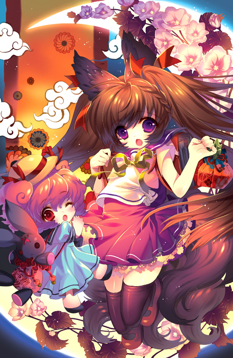 black legwear, animal ears, bento, braid, brown hair, flower, long hair, one eye closed, open mouth, pink hair, purple eyes, red eyes, school uniform, serafuku, stuffed animal, stuffed rabbit, stuffed toy, tail, thighhighs, twintails, very long hair, wink