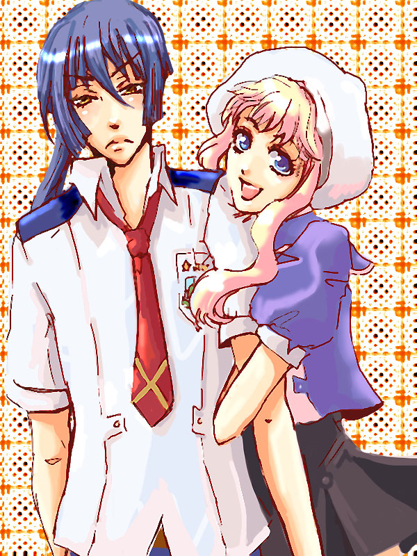 miyabi h46, saotome alto, sheryl nome, macross, macross frontier, 00s, 1boy, 1girl, :d, arm hug, beret, blonde hair, blue eyes, blue hair, collared shirt, couple, hat, looking at viewer, necktie, open mouth, pink hair, ponytail, red necktie, shirt, sidelocks, smile, white shirt