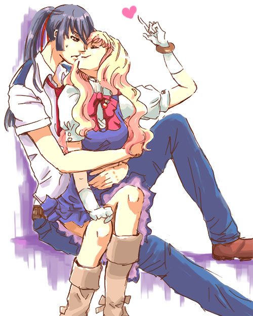 miyabi h46, saotome alto, sheryl nome, macross, macross frontier, 00s, 1boy, 1girl, blonde hair, heart, hetero, kiss, long hair, ribbon
