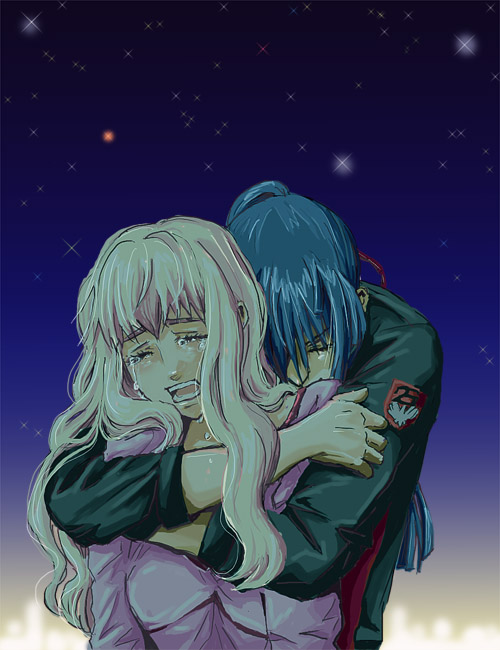 miyabi h46, saotome alto, sheryl nome, macross, macross frontier, 00s, 1boy, 1girl, blonde hair, blue hair, comforting, hetero, hug, hug from behind, long hair, star (symbol), tears