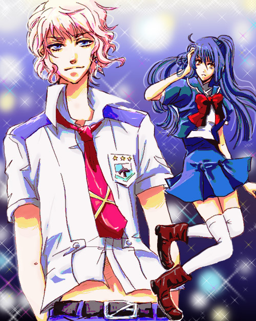 miyabi h46, saotome alto, sheryl nome, macross, macross frontier, 00s, 1boy, 1girl, blue hair, earrings, genderswap, genderswap (ftm), genderswap (mtf), jewelry, long hair, pink hair, ribbon, thighhighs