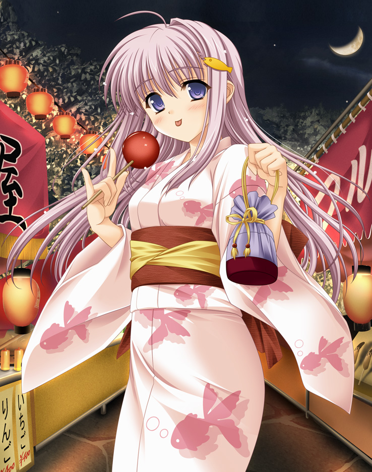 konoe nanami, lamune, 00s, 1girl, candy apple, female focus, festival, hair ornament, hairclip, holding candy apple, holding food, japanese clothes, japanese lanterns, kimono, lantern, long hair, looking at viewer, moon, night, night sky, open mouth, outdoors, purple eyes, purple hair, sky, solo, standing, tongue, tongue out