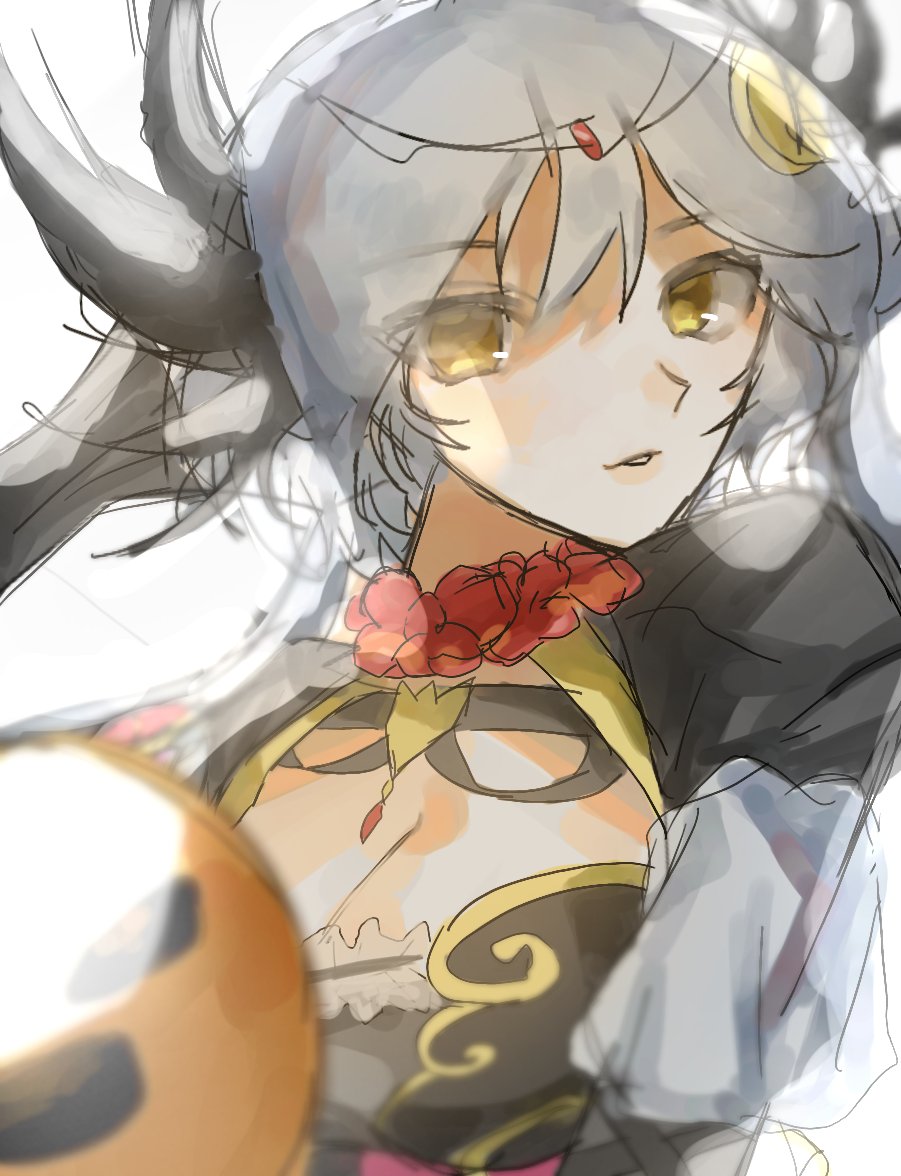 chaos karen (grimms notes), grimms notes, artist request, bad id, bad twitter id, 1girl, breasts, cleavage, grey hair, long hair, looking at viewer, parted lips, pumpkin, solo, teeth, upper body, white background, yellow eyes