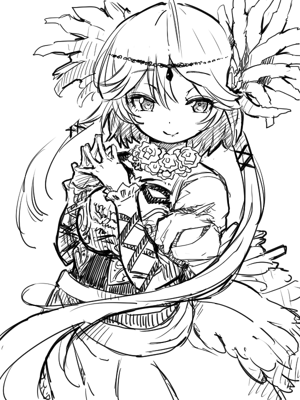 moyamu, chaos karen (grimms notes), grimms notes, 1girl, closed mouth, long hair, monochrome, own hands together, smile, solo, upper body