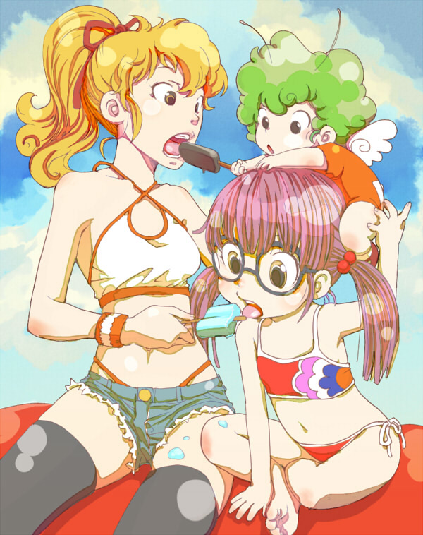 mov, kimidori akane, norimaki arale, norimaki gajira, dr. slump, 3girls, barefoot, bikini, blonde hair, child, day, denim, denim shorts, food, glasses, melting, multiple girls, ponytail, popsicle, purple hair, shorts, side-tie bikini bottom, sitting, swimsuit, thighhighs, twintails