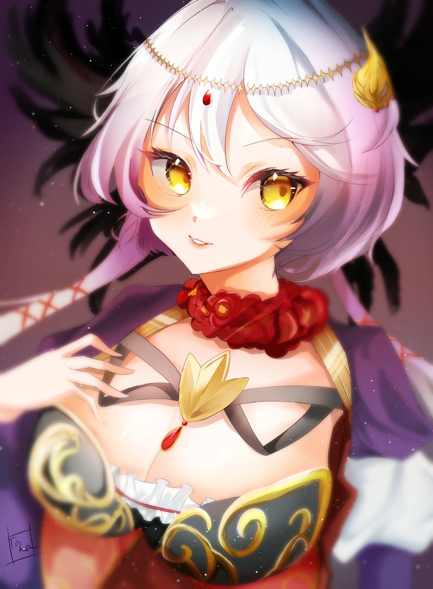 chaos karen (grimms notes), grimms notes, bad id, bad twitter id, 1girl, breasts, grey hair, large breasts, looking at viewer, parted lips, solo, sorto1221, teeth, yellow eyes