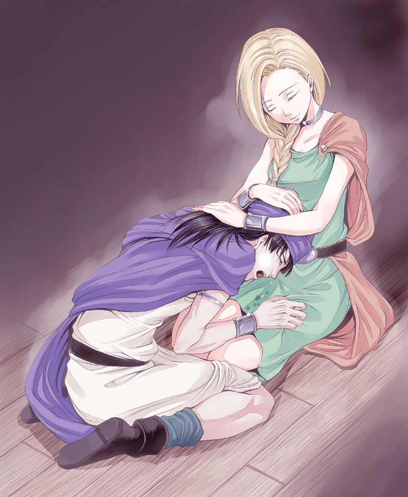 kyuu umi, bianca (dq5), hero (dq5), dragon quest, dragon quest v, square enix, 1boy, 1girl, blonde hair, braid, cape, choker, closed eyes, couple, hair over shoulder, kneeling, single braid, tears