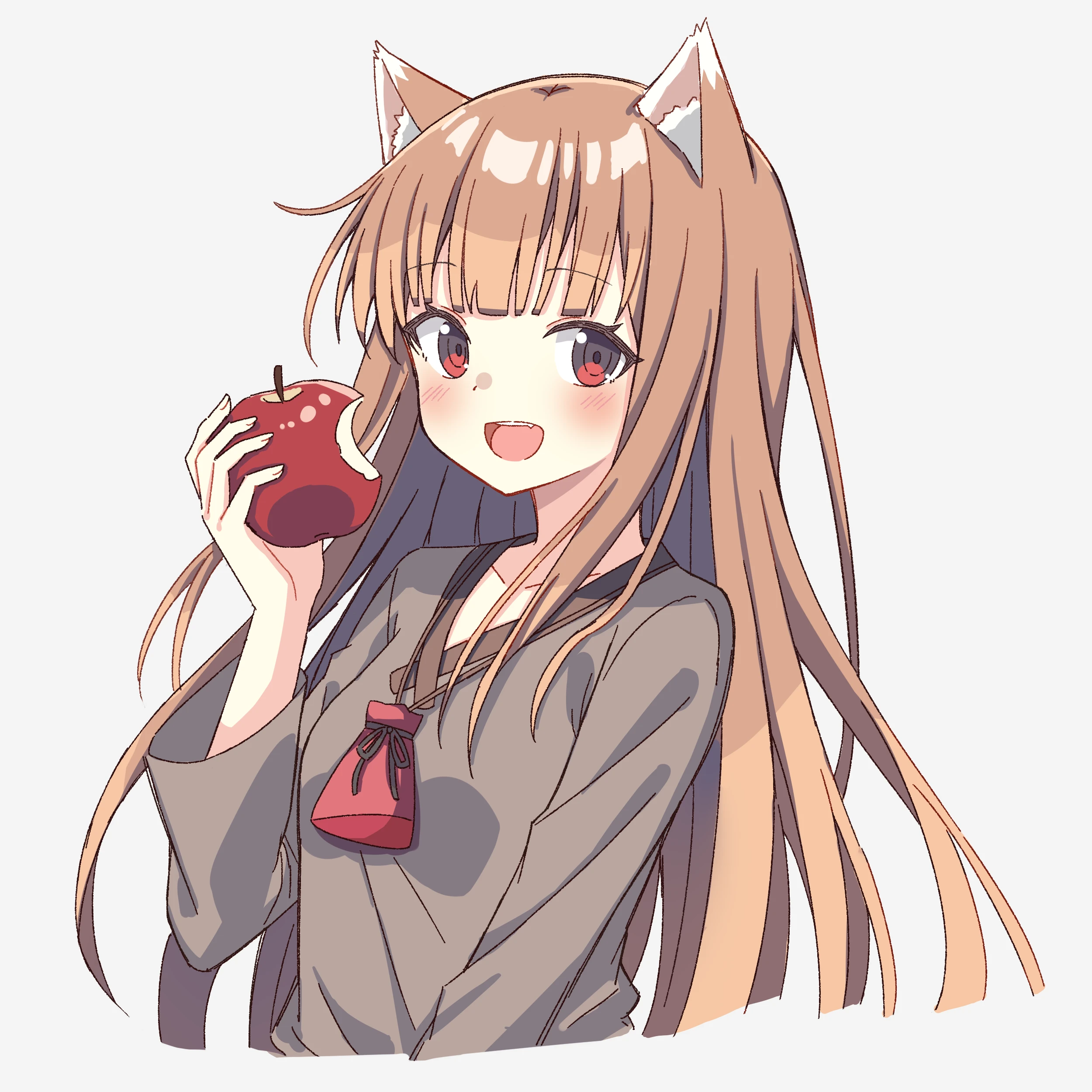 setteiset, holo, spice and wolf, absurdres, highres, 1girl, animal ear fluff, animal ears, apple, bitten apple, blunt bangs, blush, brown hair, eyelashes, fang, food, food bite, fruit, grey shirt, hand up, happy, holding, holding food, holding fruit, long hair, long sleeves, looking at viewer, open mouth, red eyes, shirt, sidelocks, simple background, smile, solo, straight hair, teeth, upper body, upper teeth only, very long hair, white background, wide sleeves, wolf ears, wolf girl