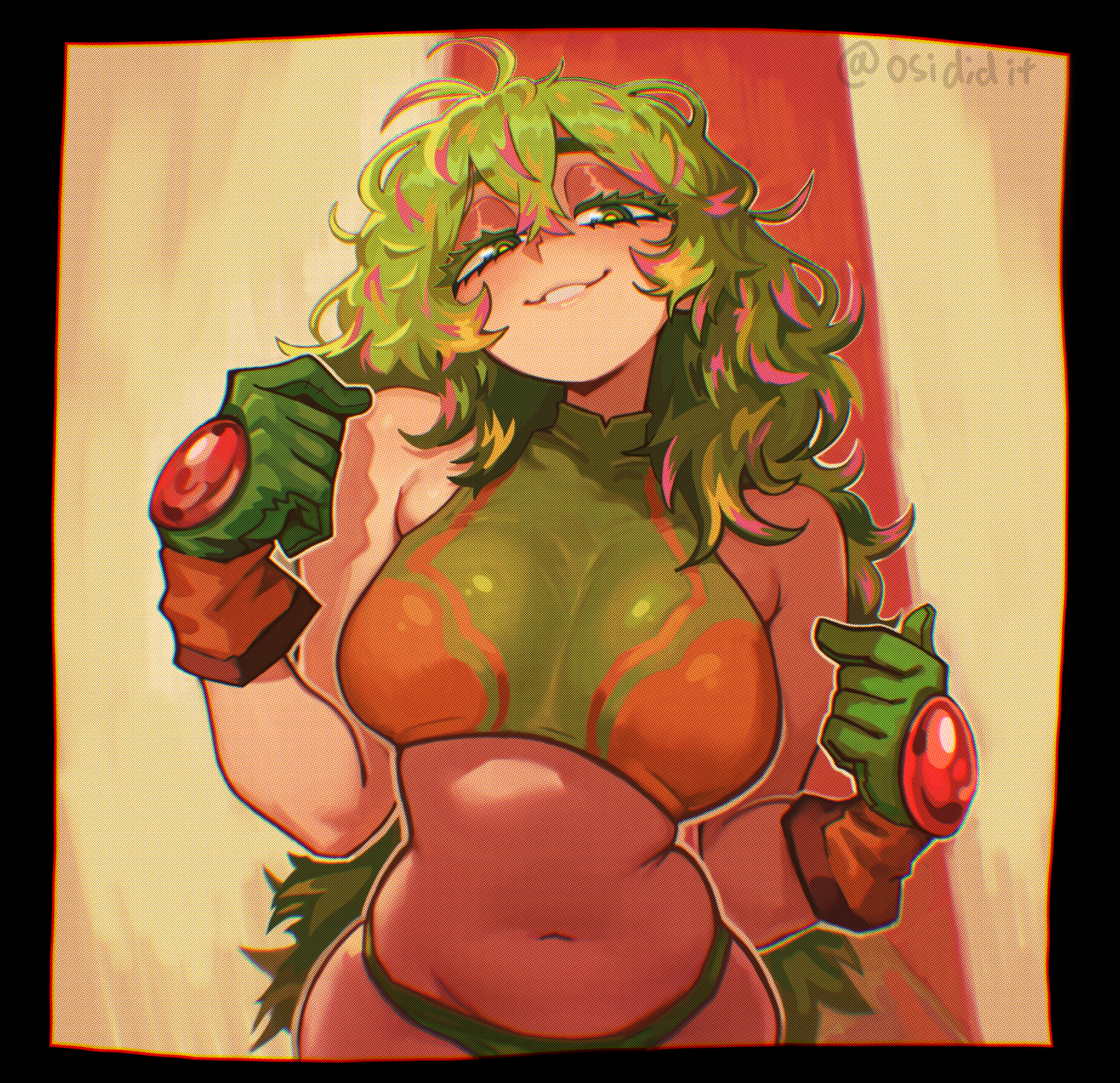 osidid, hagakure toru, boku no hero academia, absurdres, commentary, english commentary, highres, revision, 1girl, bare shoulders, border, bra, breasts, closed mouth, deku's photo of hagakure toru, gloves, green eyes, green gloves, green hair, green panties, half-closed eyes, large breasts, long hair, looking at viewer, messy hair, navel, panties, smile, solo, underwear, unusually visible
