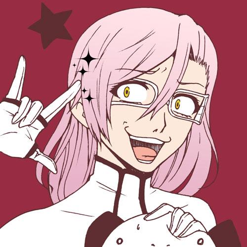 kiriyama machi, szayelaporro granz, bleach, macross, macross frontier, bad id, bad pixiv id, lowres, 1boy, arrancar, glasses, hollow (bleach), long hair, m/, male focus, number tattoo, parody, pink hair, red background, seikan hikou, solo, sparkle, star (symbol), tattoo, yellow eyes