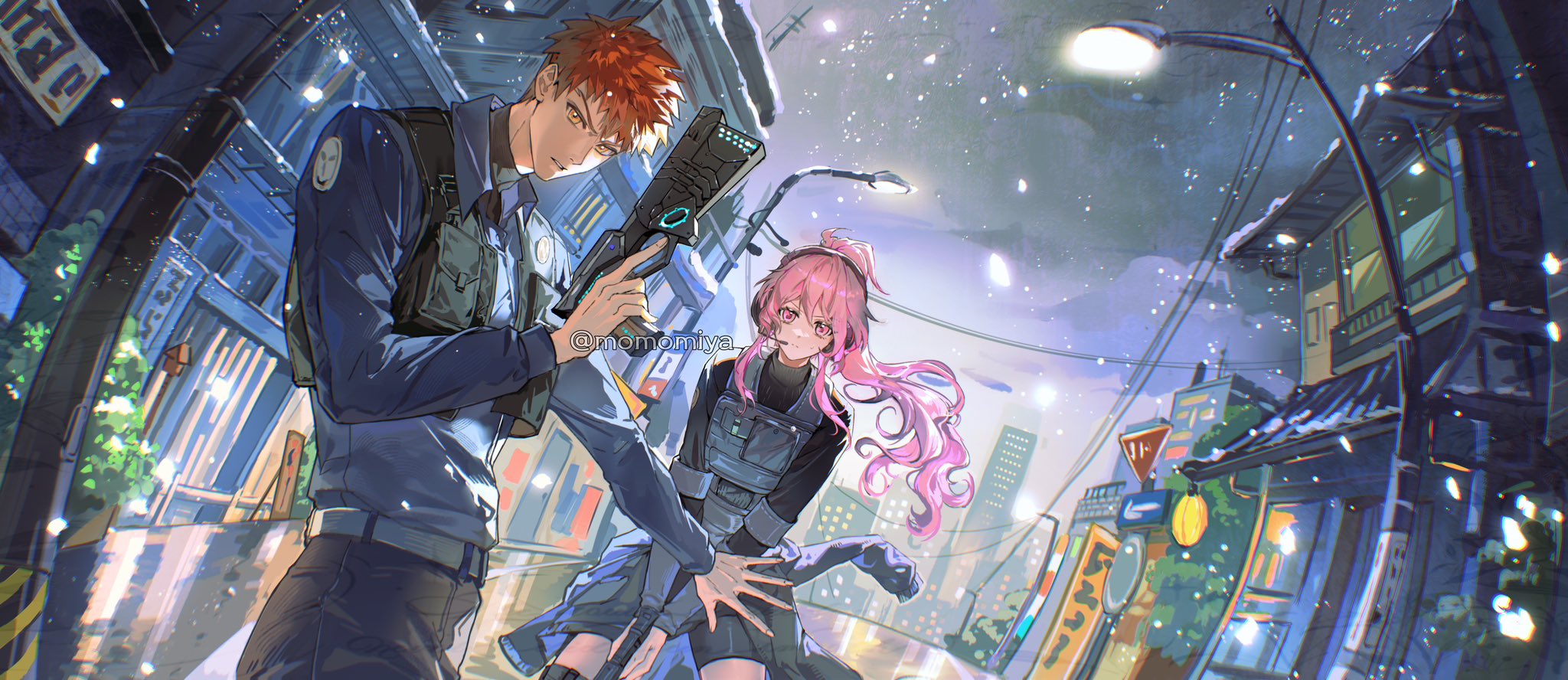 gaoyue jixiang, emiya shirou, momomiya shizuku (gaoyue jixiang), fate/stay night, fate (series), original, highres, bulletproof vest, city, city lights, cityscape, commissioner insert, couple, cuffs, hat, holster, night, oc x canon, orange hair, outdoors, pastels, pink eyes, police, police hat, police uniform, policeman, policewoman, road, scenery, shoulder holster, sky, street