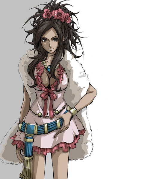 yukita, deborah (dq5), dragon quest, dragon quest v, square enix, 1girl, black hair, bracelet, breasts, cleavage, cowboy shot, dark-skinned female, dark skin, dress, female focus, flower, hair flower, hair ornament, jewelry, long hair, necklace, rose, solo, tan