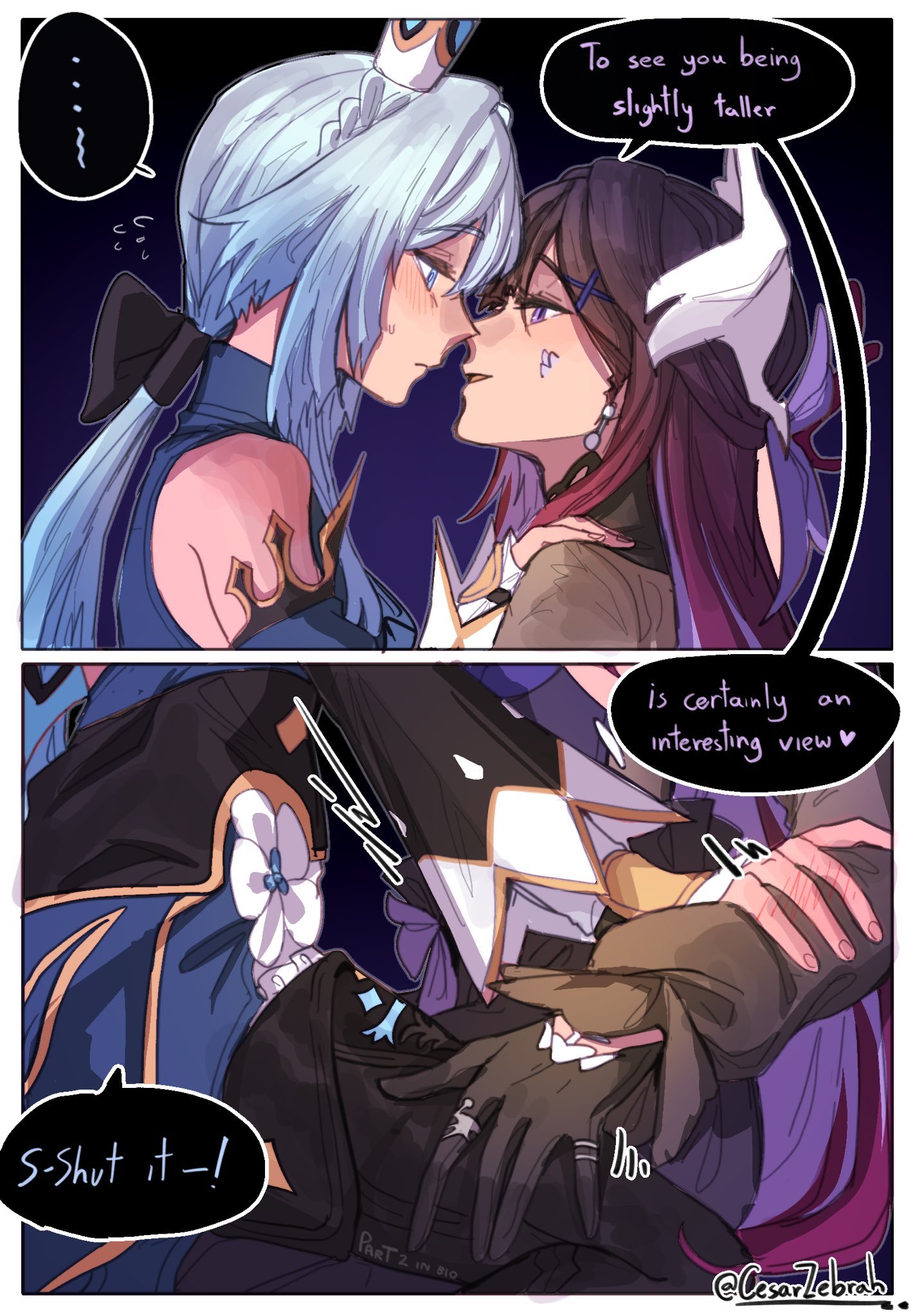 cesar zebrah, cerydra (honkai: star rail), hysilens (honkai: star rail), honkai: star rail, honkai (series), commentary, english commentary, highres, …, 2girls, bare shoulders, black gloves, blue eyes, blue hair, blush, closed mouth, english text, flying sweatdrops, gloves, hand blush, hand on another's shoulder, hand on another's thigh, long hair, multiple girls, parted lips, ponytail, purple hair, sitting, sitting on lap, sitting on person, speech bubble, spoken ellipsis, yuri