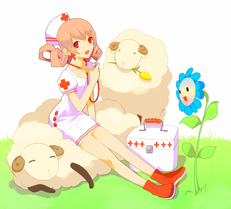 brown hair, flower, grass, happy, nurse, red eyes, sheep, solo