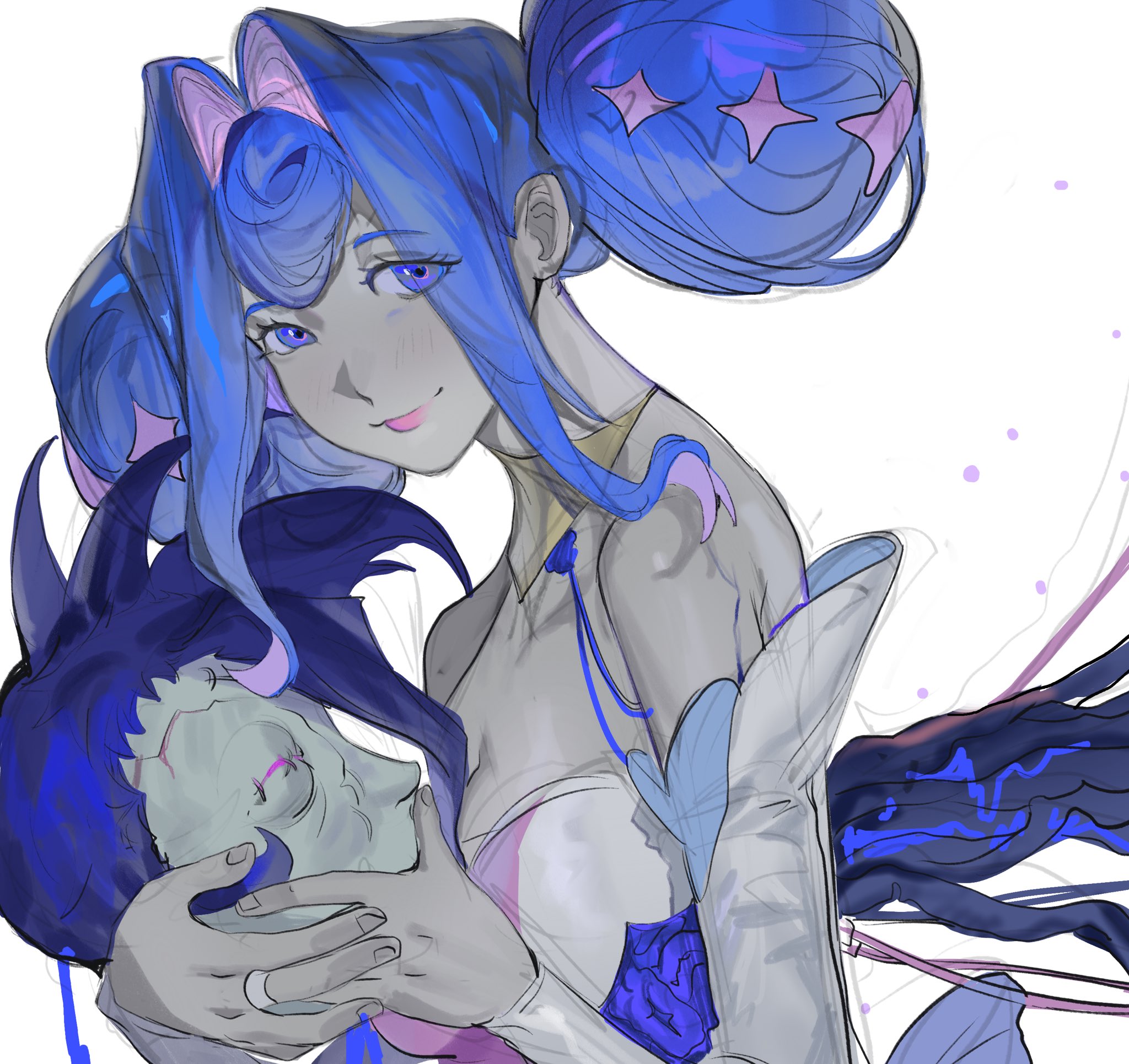 princess guinevere, knights of guinevere, commentary, english commentary, highres, 2girls, blue eyes, blue hair, double bun, dress, dual persona, fresh river, hair bun, looking at viewer, multiple girls, pink lips, stitched eye, undercut, white background