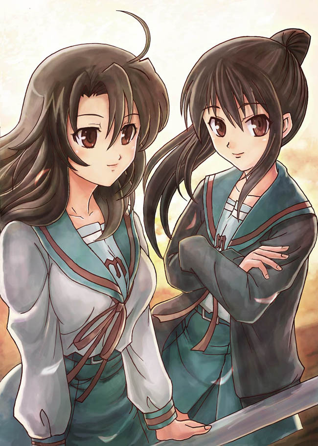 hamoto, koizumi itsuki, koizumi itsuki (female), kyon, kyonko, suzumiya haruhi no yuuutsu, 00s, 2girls, brown eyes, brown hair, cardigan, crossed arms, genderswap, genderswap (mtf), long hair, multiple girls, ponytail, school uniform, serafuku, smile