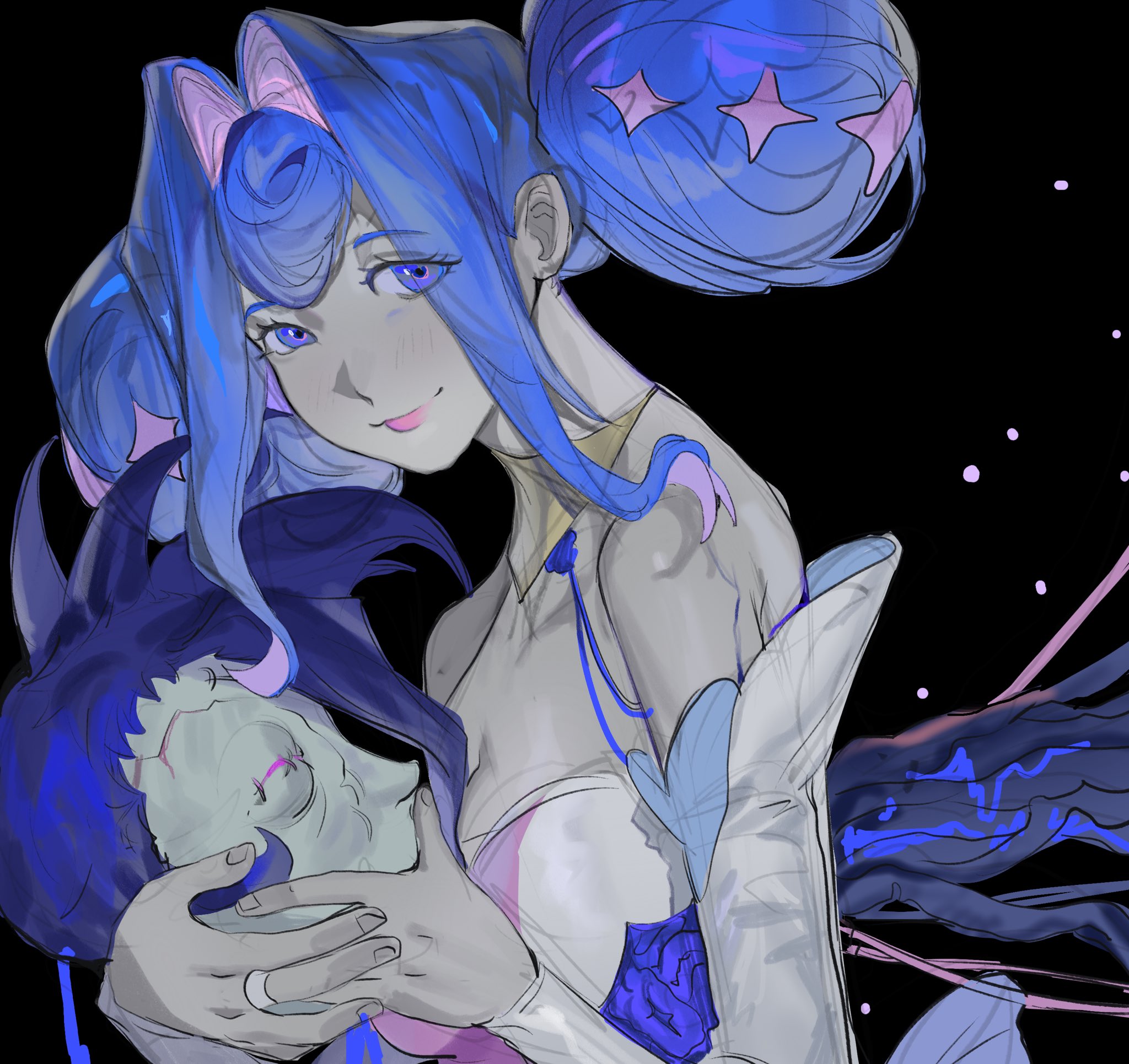 princess guinevere, knights of guinevere, commentary, english commentary, highres, 2girls, black background, blue eyes, blue hair, double bun, dress, dual persona, fresh river, hair bun, looking at viewer, multiple girls, pink lips, stitched eye, undercut