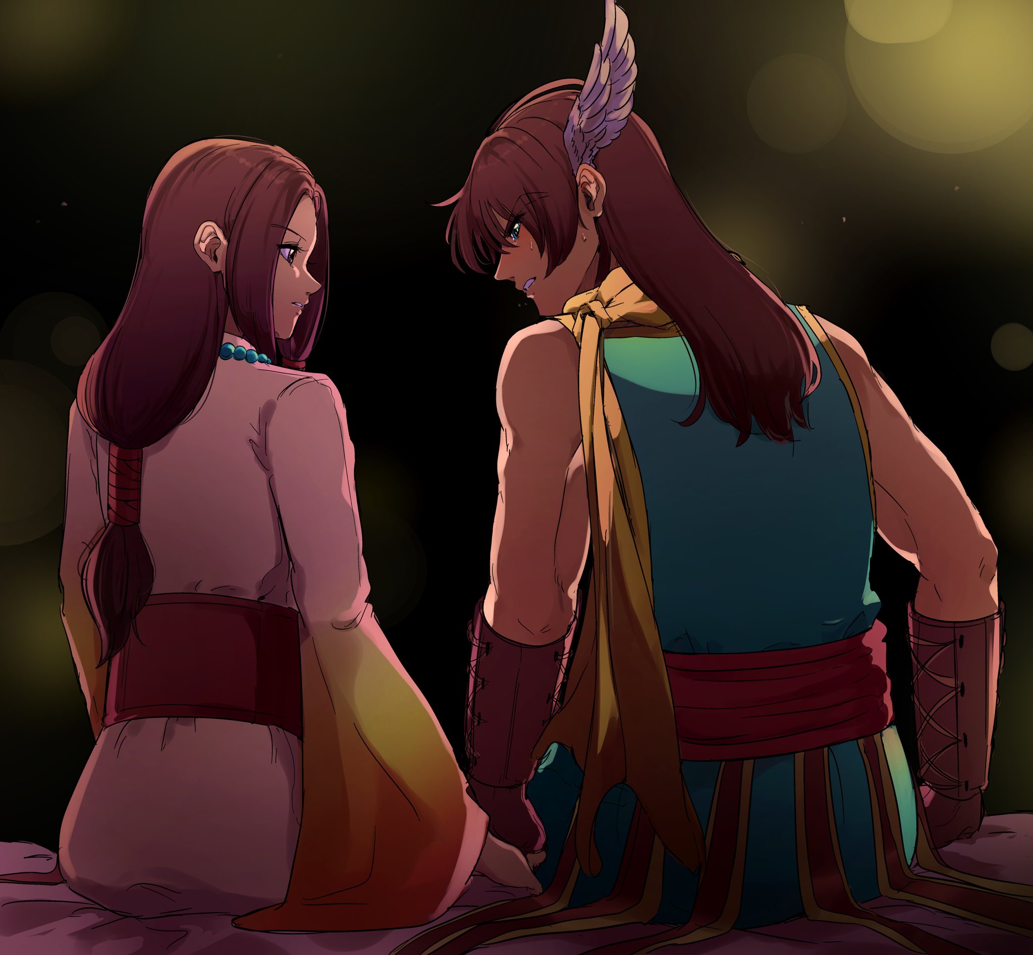 ashlay (dq10), dragon quest, dragon quest x, commentary request, highres, 1boy, 1girl, aqua tunic, arm guards, bead necklace, beads, black background, blue eyes, brown hair, corset, couple, daffia (dq10), fake head wings, from behind, gradient robe, head wings, hetero, husband and wife, jewelry, long hair, looking at another, low-tied long hair, muscular, muscular male, nanamono 0414, necklace, parted lips, profile, red corset, red sash, robe, sash, scarf, single head wing, sitting, sweatdrop, tunic, white robe, wings, yellow robe, yellow scarf