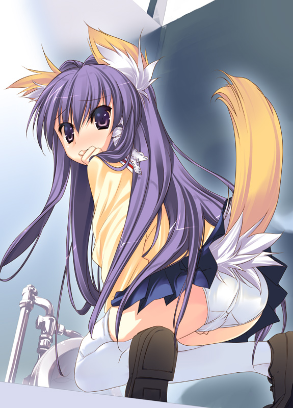 arikawa satoru, fujibayashi kyou, clannad, 00s, 1girl, animal ears, black shoes, dog ears, female focus, fox ears, fox tail, panties, shoes, solo, squat toilet, tail, toilet, underwear, white panties