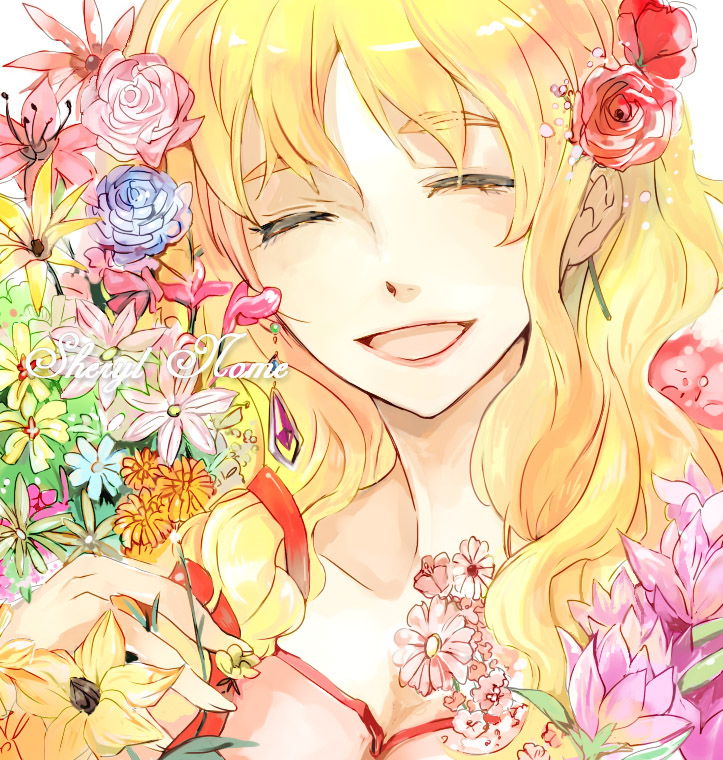 mooche, sheryl nome, macross, macross frontier, 00s, blonde hair, closed eyes, earrings, flower, happy, jewelry, long hair