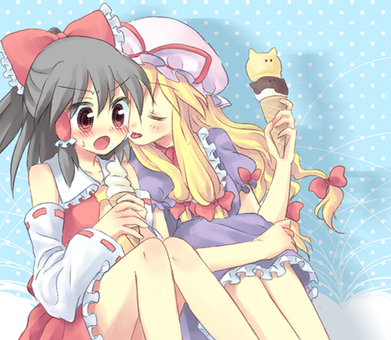 kuguri oimo, hakurei reimu, yakumo yukari, touhou, bad id, bad pixiv id, 2girls, blonde hair, blush, female focus, food, ice cream, japanese clothes, long hair, miko, multiple girls, ribbon