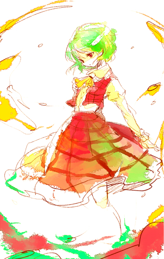 cis (carcharias), kazami yuuka, touhou, 1girl, ascot, female focus, green hair, looking down, plaid clothes, plaid skirt, plaid vest, red eyes, short hair, skirt, skirt set, solo, vest