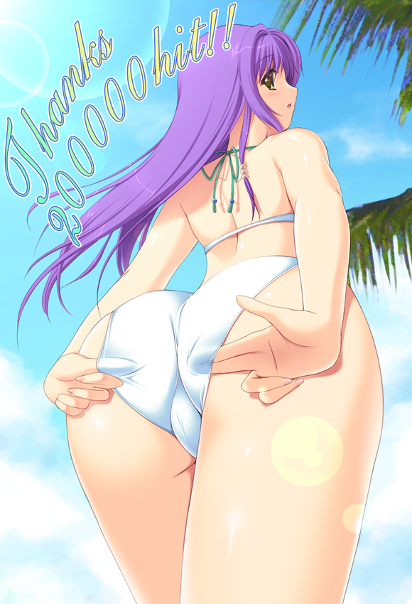 nakano sora, original, 1girl, adjusting clothes, adjusting swimsuit, ass, back, bikini, day, female focus, from behind, from below, hand in panties, long hair, looking back, milestone celebration, panties, purple hair, solo, swimsuit, underwear, white bikini, yellow eyes