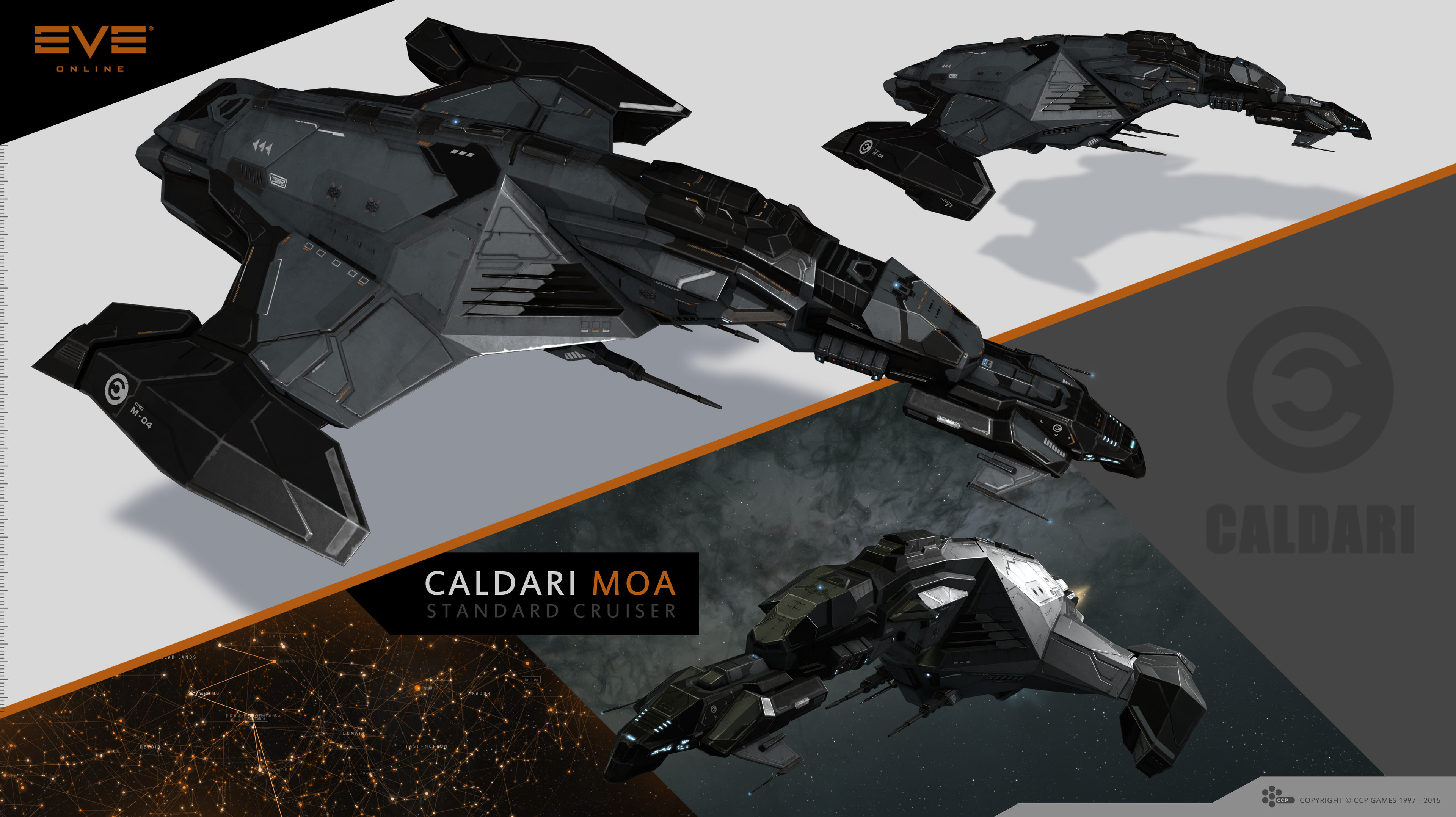 eve online, absurdres, commentary, english commentary, highres, maya (medium), official art, photoshop (medium), 3d, caldari state (eve online), combat ship (eve online), company logo, company name, constellation, copyright logo, copyright name, cruiser (eve online), dated, flying, glowing, ishukone corporation (eve online), logo, military vehicle, multiple views, no humans, radio antenna, realistic, science fiction, shadow, space, spacecraft, star (sky), starry sky background, thrusters, vehicle focus, vehicle name, ymir jonsson