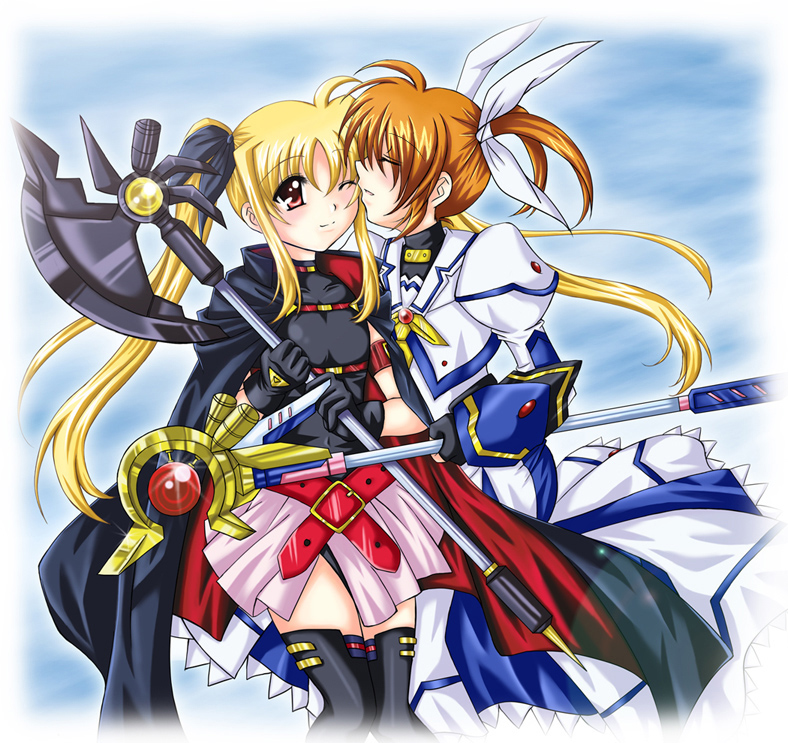 misuzu (iridescence), miwa maku, bardiche (axe form) (nanoha), bardiche (nanoha), fate testarossa, fate testarossa (movie 1st form), raising heart, raising heart (device mode) (1st), takamachi nanoha, takamachi nanoha (movie 1st mode), lyrical nanoha, mahou shoujo lyrical nanoha, mahou shoujo lyrical nanoha movie, mahou shoujo lyrical nanoha the movie 1st, 10s, 2girls, axe, blonde hair, multiple girls, thighhighs, weapon