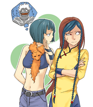 botan (kof), mukai (kof), shion (kof), snk, the king of fighters, lowres, 1boy, 1girl, androgynous, braid, chinese clothes, colored bangs, crossdressing, midriff, multicolored hair, trap, two-tone hair