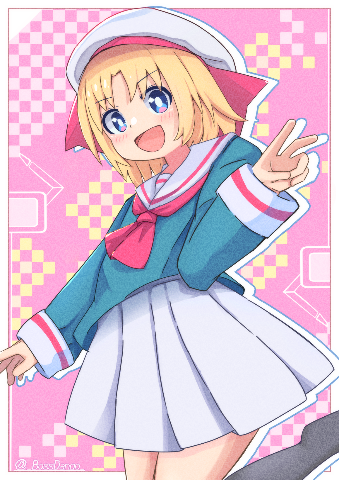 boss9331, lily baker, game center shoujo to ibunka kouryuu, highres, 1girl, :d, beret, black socks, blonde hair, blue eyes, blush, green shirt, hat, looking at viewer, neckerchief, open mouth, pink background, pixelated background, pleated skirt, red neckerchief, sailor collar, school uniform, shirt, short hair, skirt, smile, socks, striped sleeve cuffs, v, white sailor collar, white skirt, white sleeve cuffs