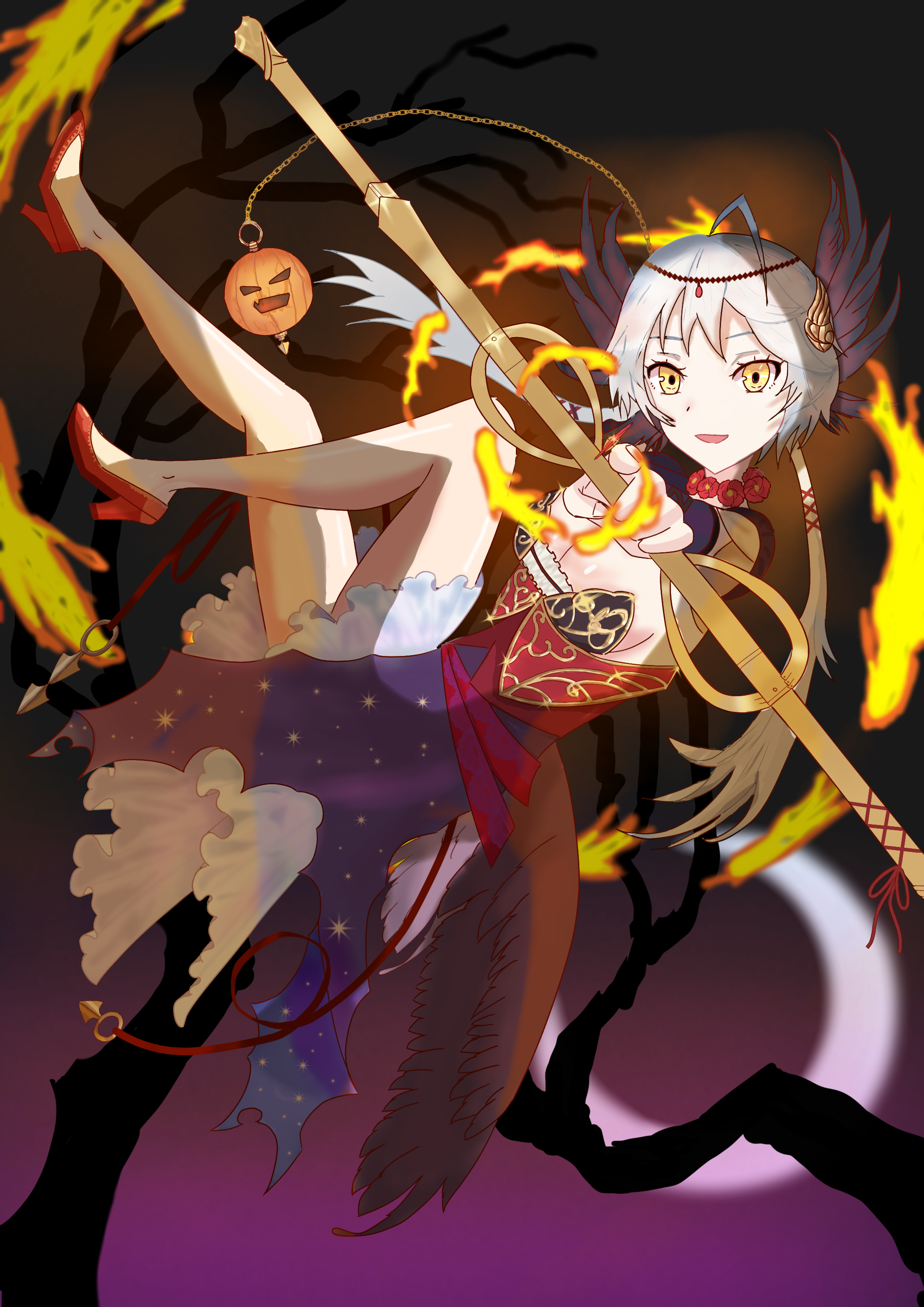chaos karen (grimms notes), grimms notes, absurdres, highres, 1girl, bow (weapon), grey hair, holding, holding bow (weapon), holding weapon, long hair, one back 0521, open mouth, pumpkin, smile, solo, weapon