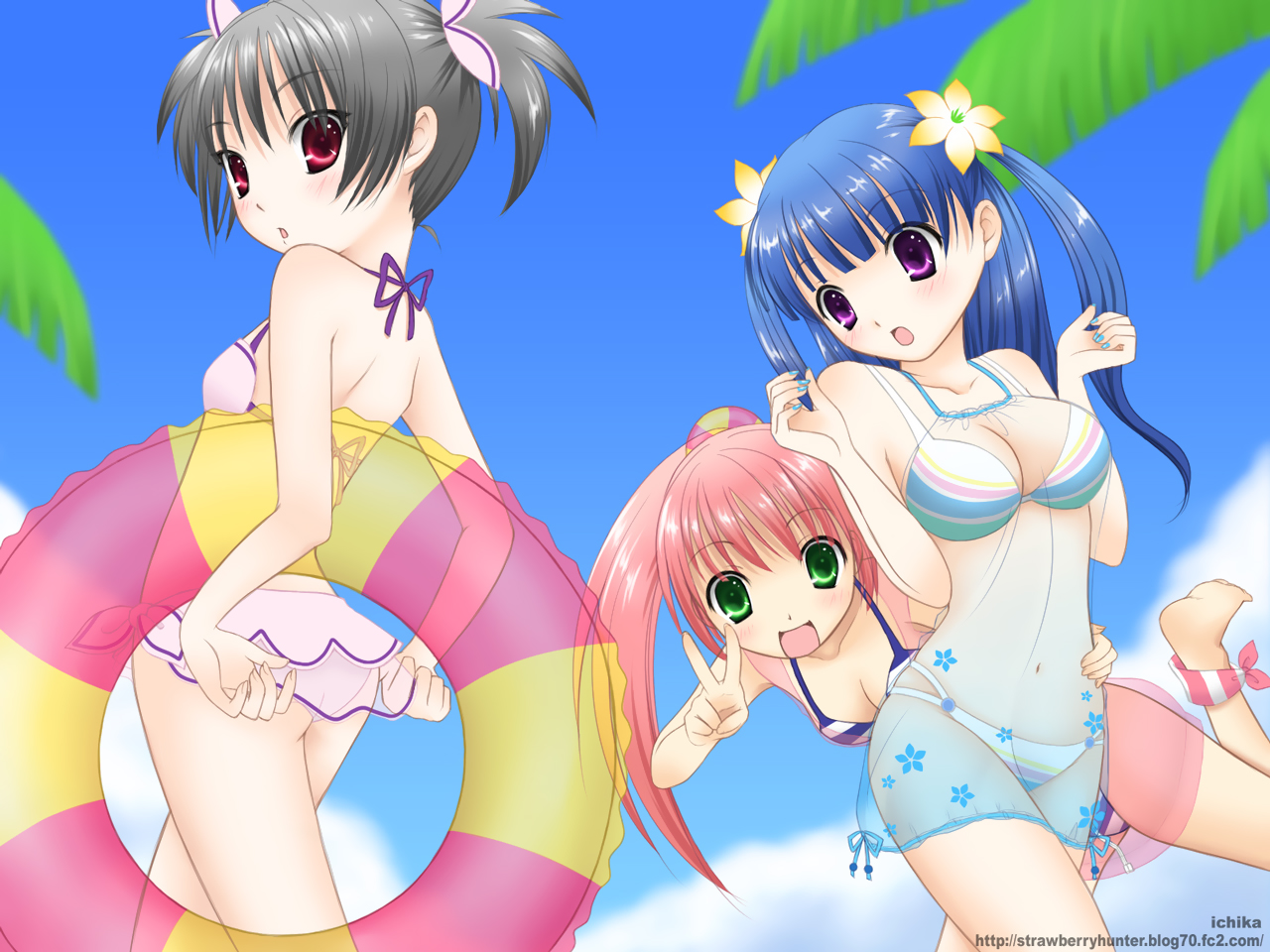 hana, ichika, arin (pangya), hana (pangya), kooh (pangya), pangya, 3girls, adjusting clothes, adjusting swimsuit, anklet, ass, back, barefoot, bent over, bikini, black hair, blue hair, blue nails, blush, breasts, chemise, cleavage, cloud, day, flower, green eyes, hair flower, hair ornament, hair ribbon, hug, innertube, jewelry, long hair, looking back, medium breasts, multiple girls, nail polish, open mouth, outdoors, pink hair, ponytail, purple eyes, red eyes, ribbon, see-through clothes, short hair, short twintails, sky, small breasts, striped bikini, striped clothes, summer, surprised, swim ring, swimsuit, twintails, v