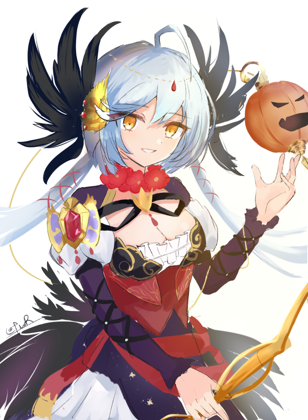 reinoni, chaos karen (grimms notes), grimms notes, 1girl, bow (weapon), grey hair, hand up, holding, holding bow (weapon), holding weapon, looking at viewer, pumpkin, simple background, solo, upper body, weapon, white background, yellow eyes