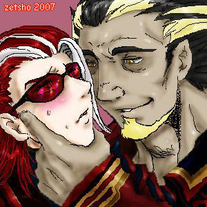 zetsho, alba meira, duke (kof), snk, the king of fighters, lowres, 1boy, 1girl, 2007, male focus, oekaki, sunglasses