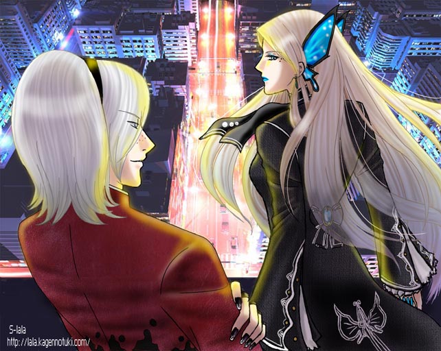 ash crimson, luise meyrink, kof: maximum impact, snk, the king of fighters, 1boy, 1girl, androgynous, butterfly hair ornament, crossdressing, earrings, hair ornament, jewelry, lipstick, makeup, nail polish, trap, white hair