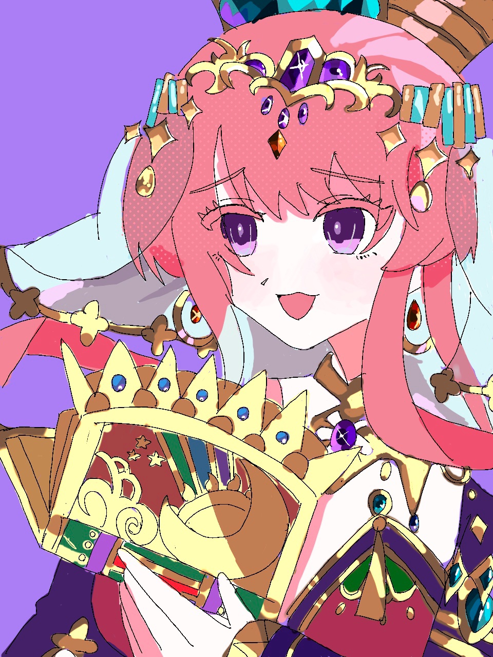 shadow morgiana (grimms notes), grimms notes, 1girl, arabian clothes, book, breasts, holding, holding book, long hair, ooatarikun, open mouth, pink hair, ponytail, purple eyes, smile, solo