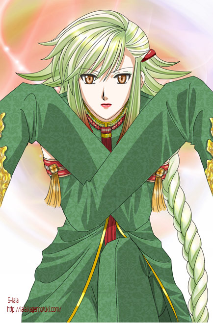 xiao lon, kof: maximum impact, snk, the king of fighters, silver hair, 1girl, braid, brown eyes, closed mouth, crossed arms, dress, epaulettes, expressionless, flipped hair, green dress, green hair, lips, long hair, looking at viewer, looking back, military, military uniform, single braid, very long hair, watermark, web address