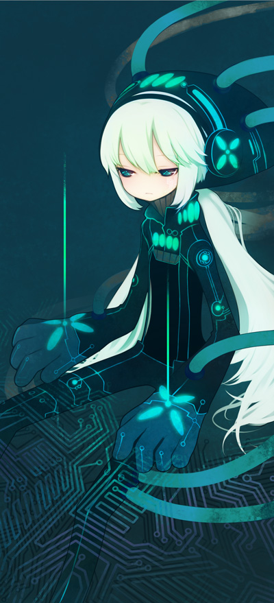 puti devil, original, blue eyes, cable, circuit board, long hair, solo, white hair