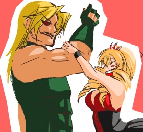 rose bernstein, rugal bernstein, snk, the king of fighters, lowres, 1boy, 1girl, age difference, bare shoulders, blonde hair, breasts, dress, drill hair, facial hair, father and daughter, gloves, long hair, muscular, mustache, one-eyed, open mouth, red eyes, simple background, size difference, smile, wristband