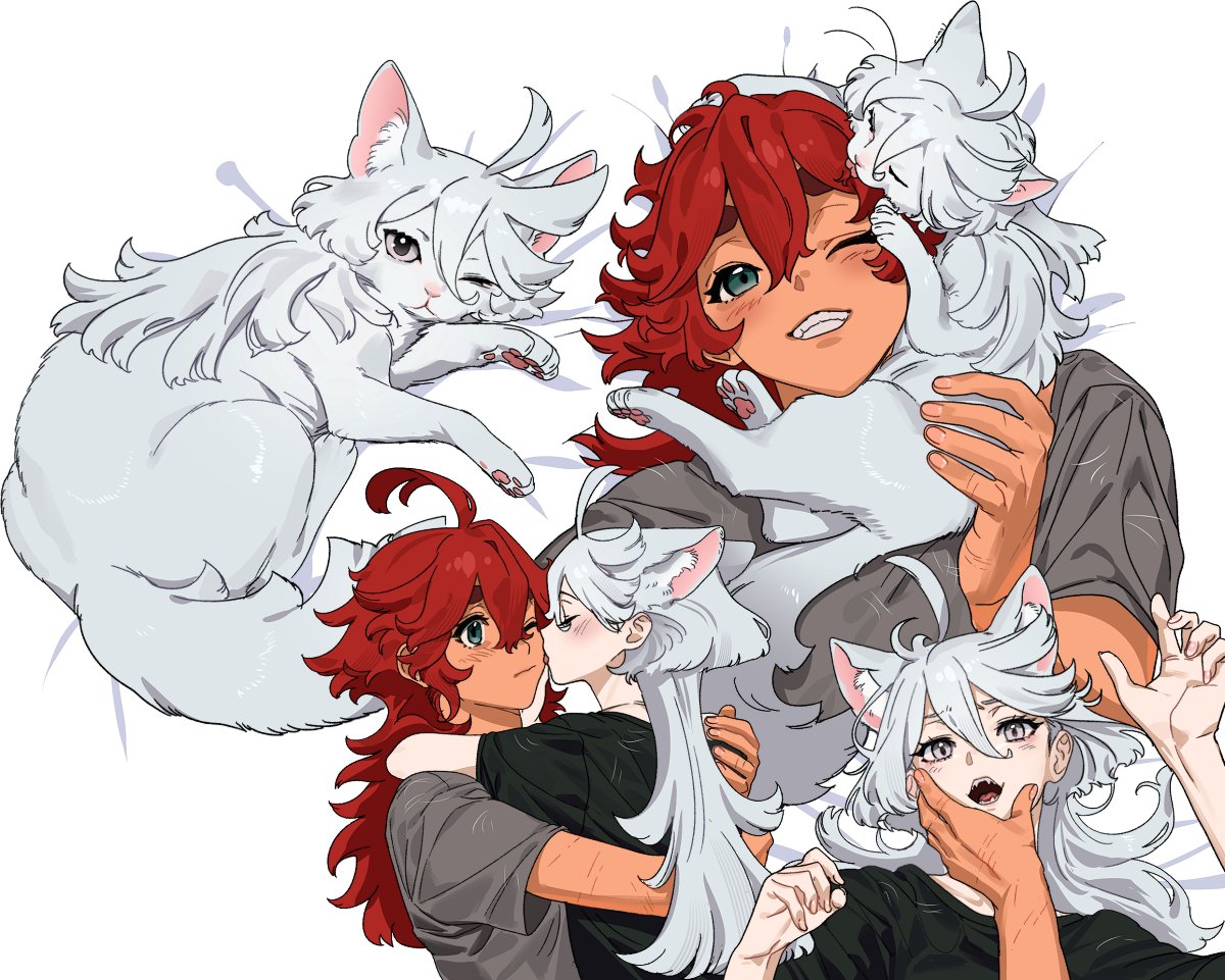 baesong, miorine rembran, suletta mercury, gundam, gundam suisei no majo, commentary request, korean commentary, 2girls, animal ear fluff, animal ears, animal hair, animalization, black shirt, cat ears, closed eyes, fangs, green eyes, grey cat, grey eyes, grey hair, grey shirt, grin, hand on another's face, hug, kemonomimi mode, licking, licking another's face, long hair, multiple girls, one eye closed, open mouth, red hair, scar, scar on arm, shirt, short sleeves, smile, thick eyebrows, yuri