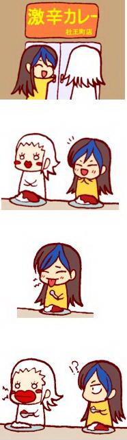 magaki (kof), shion (kof), snk, the king of fighters, jpeg artifacts, !?, 1boy, 1girl, 4koma, black hair, blue hair, blush, chibi, closed eyes, comic, crossdressing, curry, curry rice, food, lips, lipstick, long hair, makeup, multicolored hair, open mouth, plate, rice, silent comic, tongue, tongue out, trap, two-tone hair