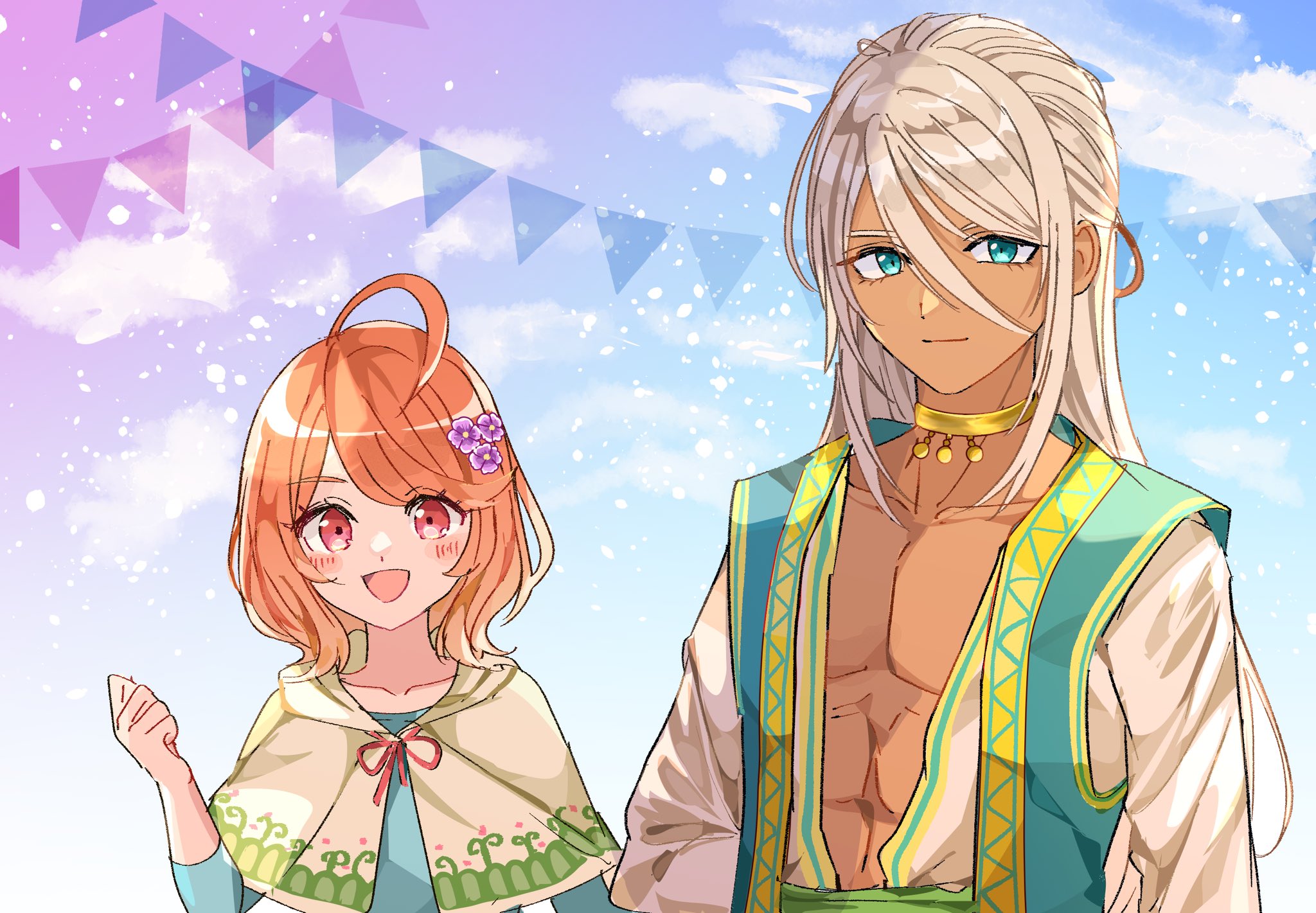 dragon quest, dragon quest x, commentary request, highres, 1boy, 1girl, :d, abs, ahoge, aqua eyes, aqua vest, blonde hair, blue background, blue shirt, bunting, capelet, choker, dark-skinned male, dark skin, flower, gold choker, gold trim, gradient background, green trim, hair flower, hair ornament, kinondq10, long hair, looking at viewer, medium hair, muscular, muscular male, open mouth, pink eyes, porte (dq10), purple background, purple flower, red hair, rizk (dq10), robe, shirt, smile, upper body, vest, white capelet, white robe