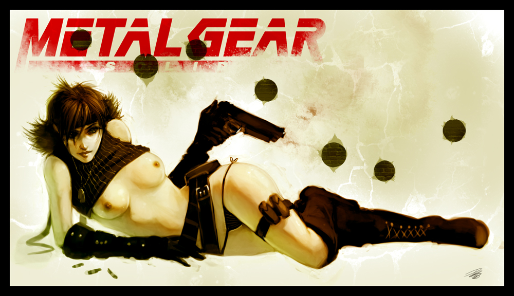 meryl silverburgh, metal gear (series), metal gear solid, 1girl, boots, breasts, clothes lift, dog tags, elbow gloves, female focus, flipped hair, gloves, gun, handgun, large breasts, nipples, no bra, pistol, red hair, shirt lift, solo, weapon
