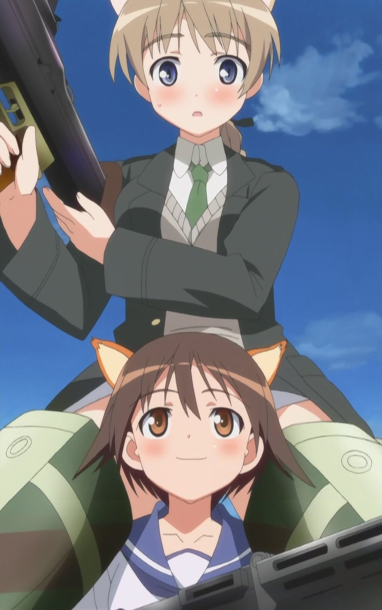 lynette bishop, miyafuji yoshika, strike witches, world witches series, anime screenshot, highres, stitched, third-party edit, 00s, 2girls, animal ears, blush, dog ears, gun, multiple girls, striker unit, weapon